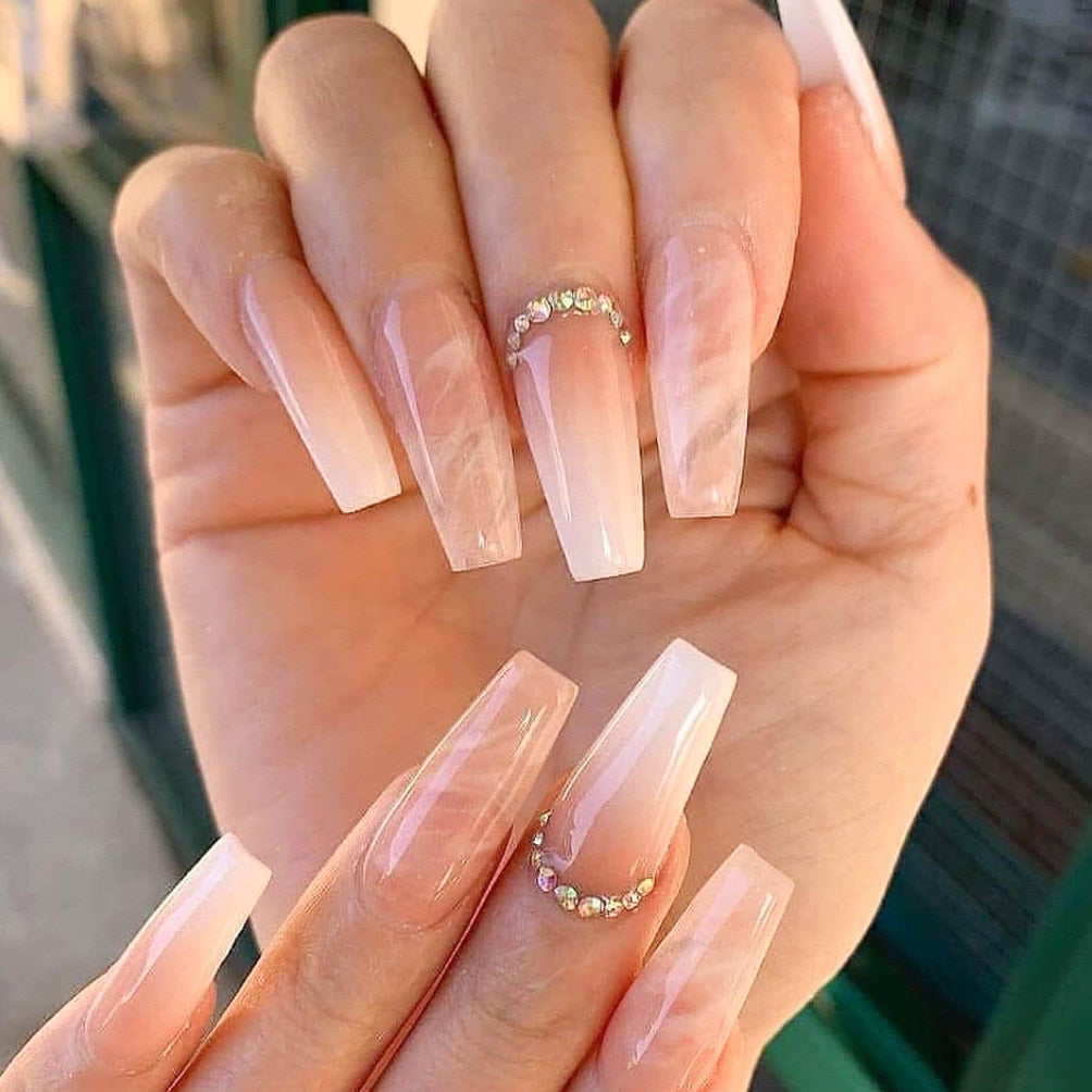 24pcs French rhinstones artifical nails with glue full cover fake nails detachable coffin false nail tips bling press on nails z061