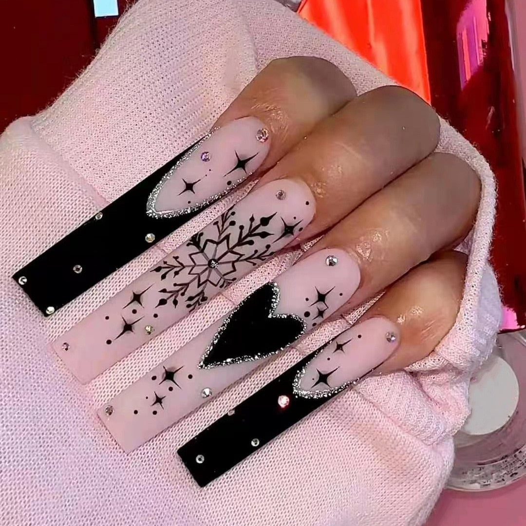 24pcs French rhinstones artifical nails with glue full cover fake nails detachable coffin false nail tips bling press on nails Z-60