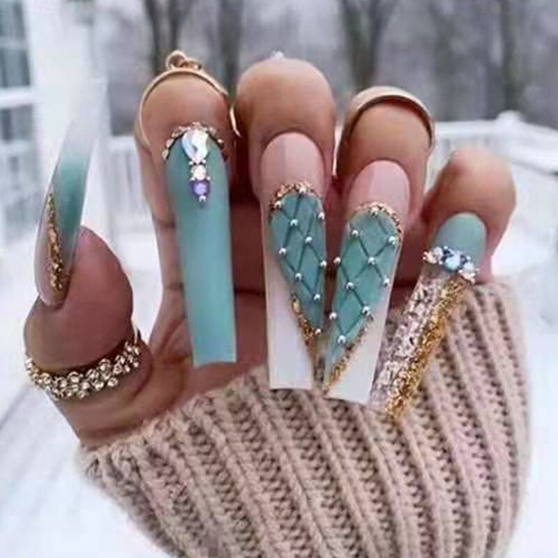 24pcs French rhinstones artifical nails with glue full cover fake nails detachable coffin false nail tips bling press on nails 335