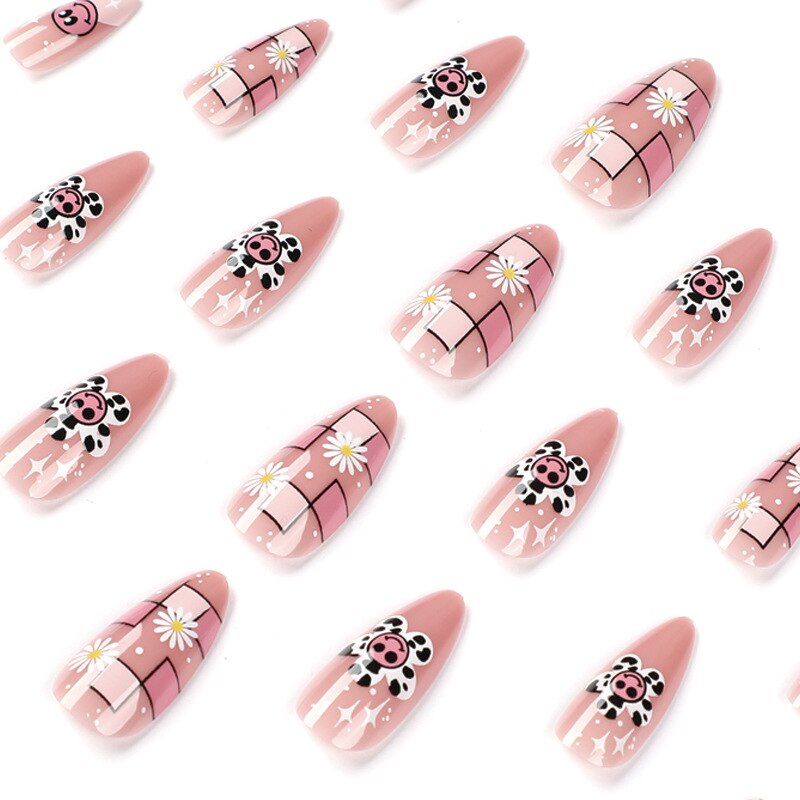 24pcs Girlish Colorful Graffiti Nail Art Fake Nails With Glue Pink Purple Short Press on False Nails With Wearing Tools