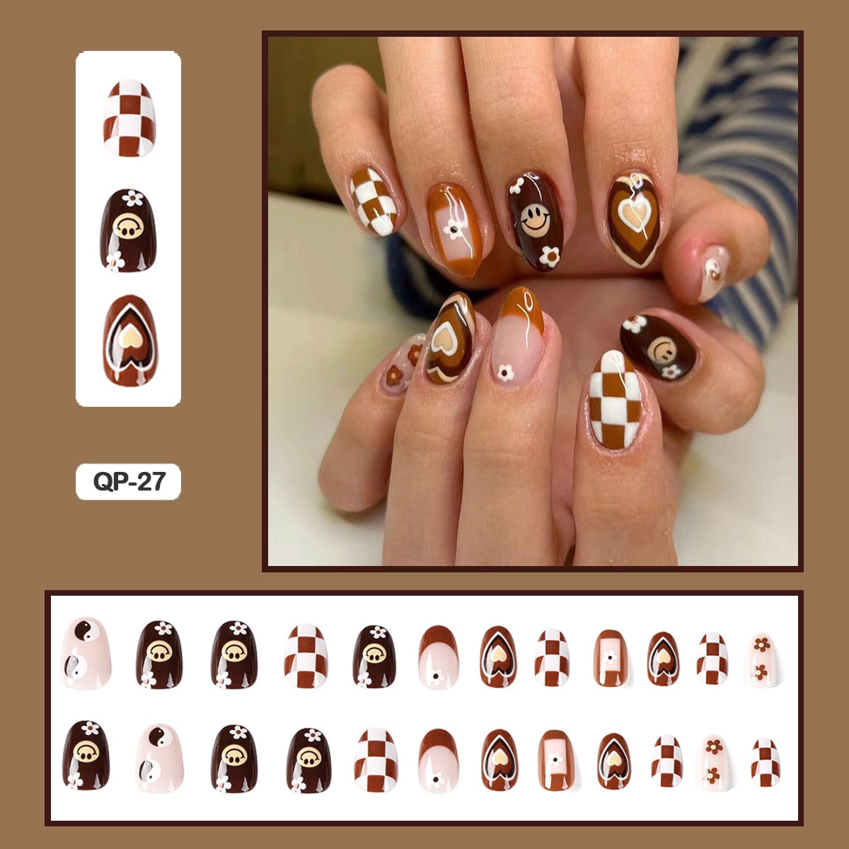 24pcs Girlish Colorful Graffiti Nail Art Fake Nails With Glue Pink Purple Short Press on False Nails With Wearing Tools QP-27