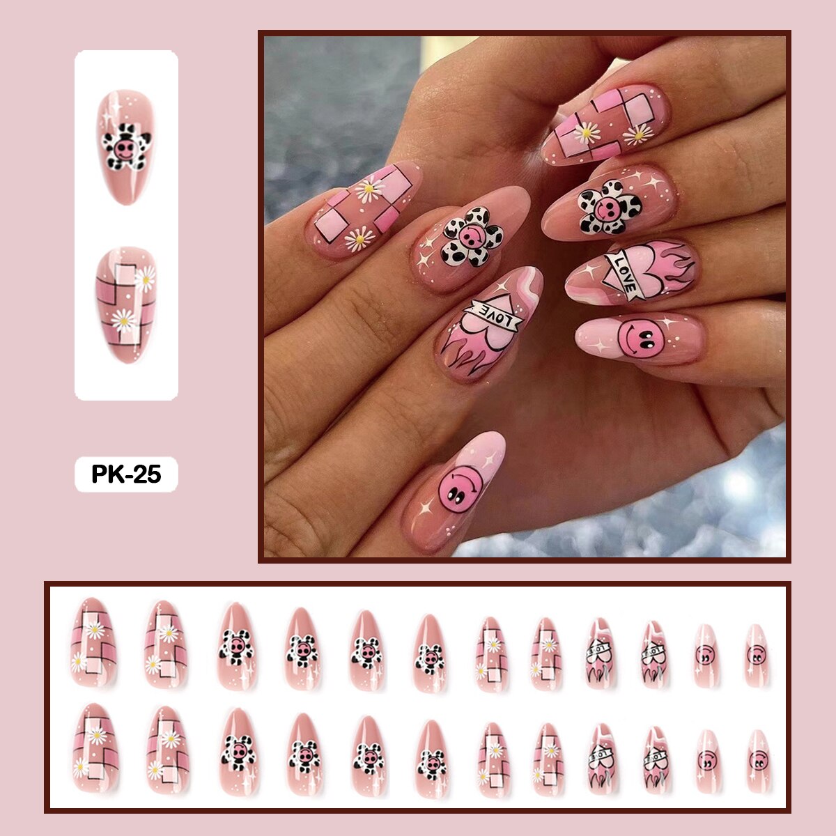 24pcs Girlish Colorful Graffiti Nail Art Fake Nails With Glue Pink Purple Short Press on False Nails With Wearing Tools PK-25