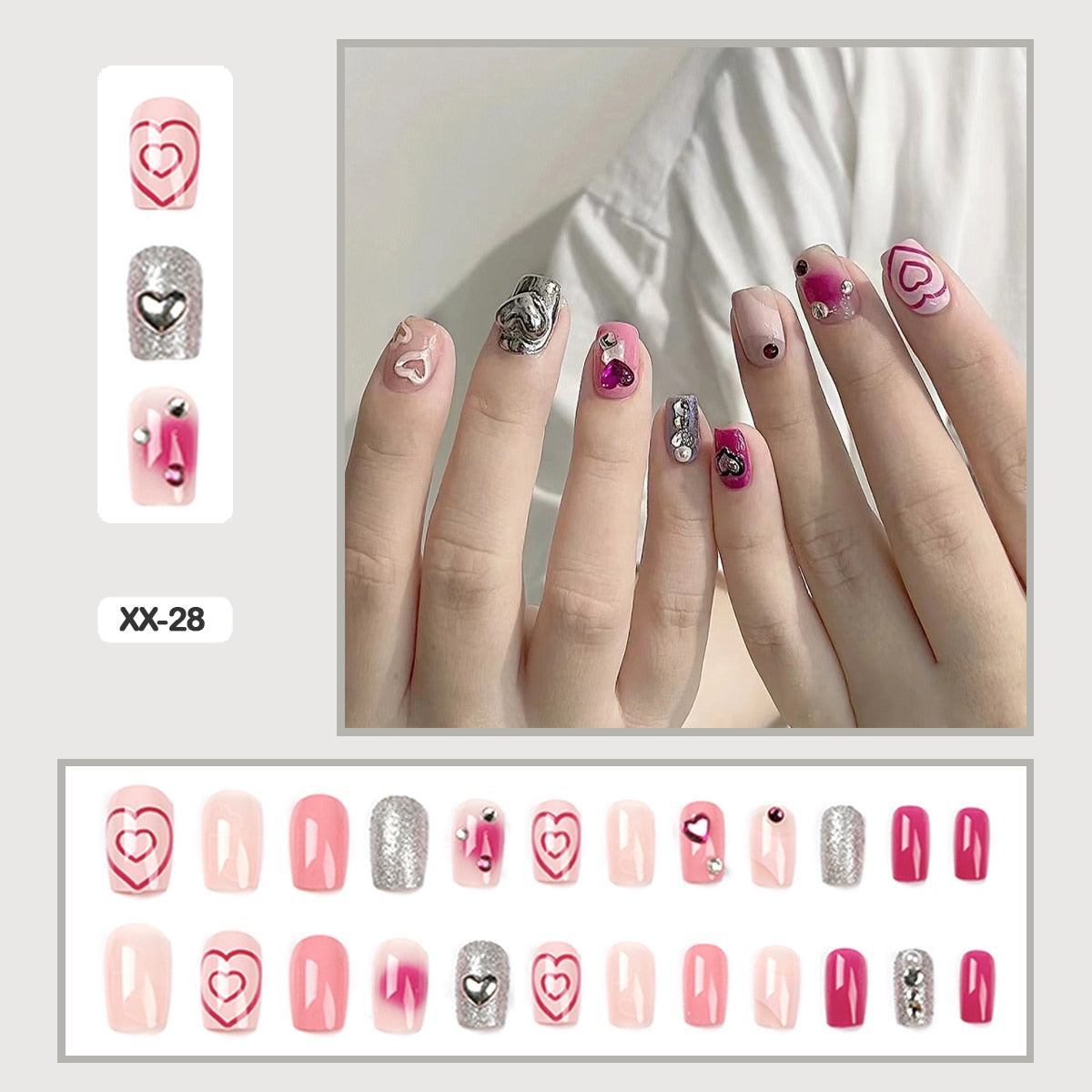 24pcs Girlish Colorful Graffiti Nail Art Fake Nails With Glue Pink Purple Short Press on False Nails With Wearing Tools XX-28