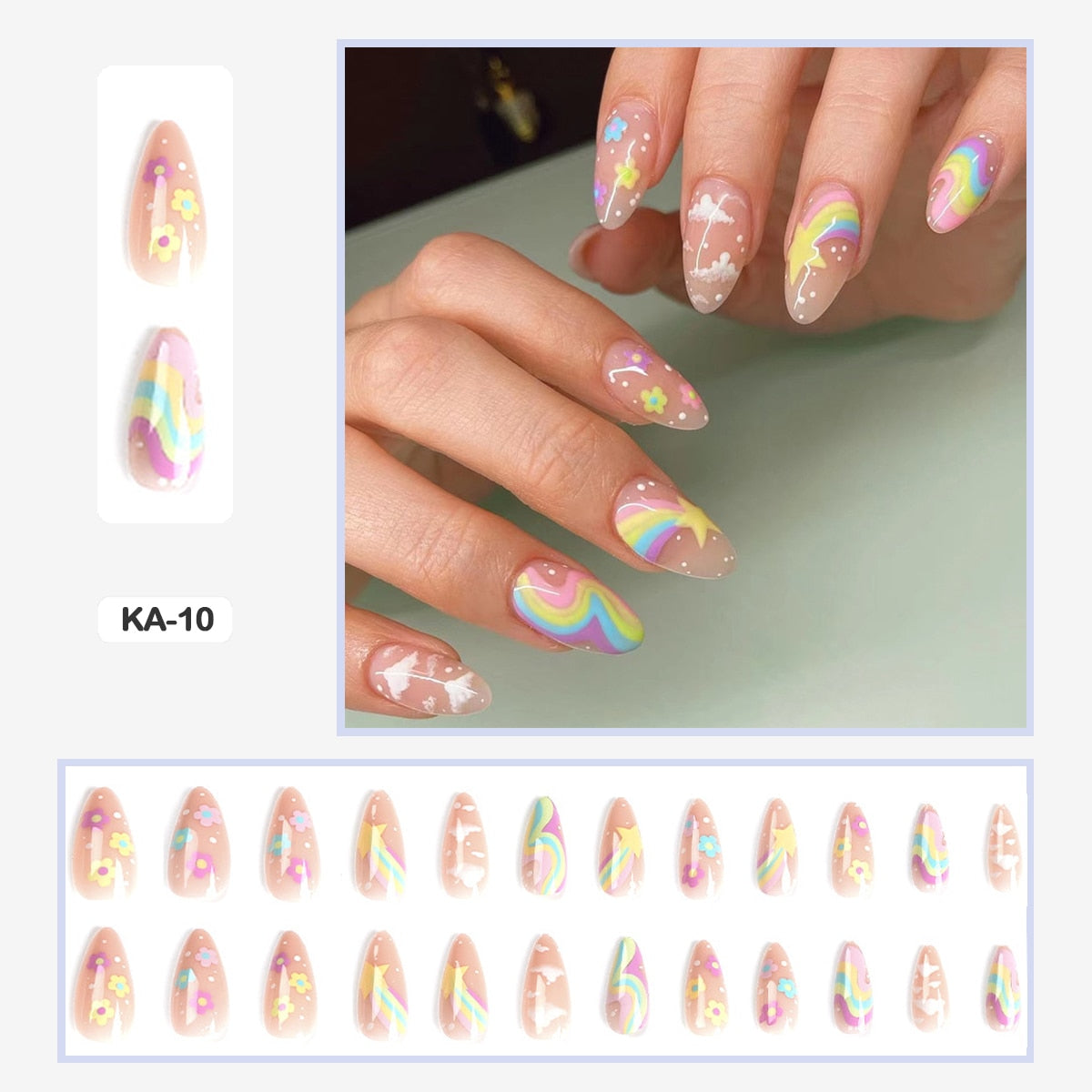 24pcs Girlish Colorful Graffiti Nail Art Fake Nails With Glue Pink Purple Short Press on False Nails With Wearing Tools KA-10