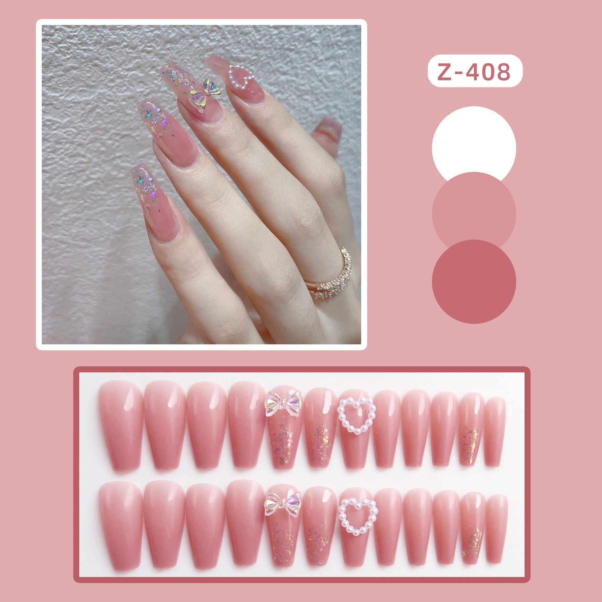 24pcs Glitter Gold Diamond False Nails French Butterfly Design Press on Nail Wearable Full Cover Acrylic Nail Tips for Girls N41