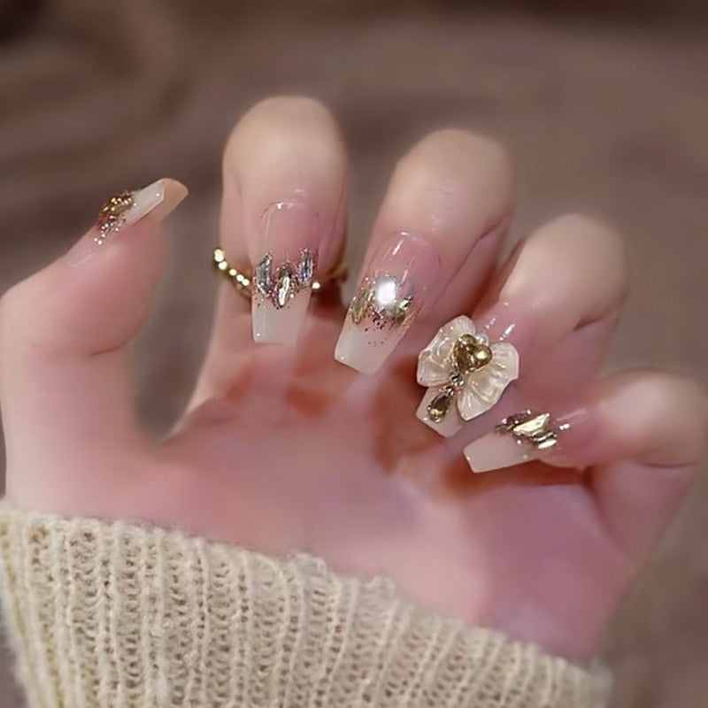 24pcs Glitter Gold Diamond False Nails French Butterfly Design Press on Nail Wearable Full Cover Acrylic Nail Tips for Girls
