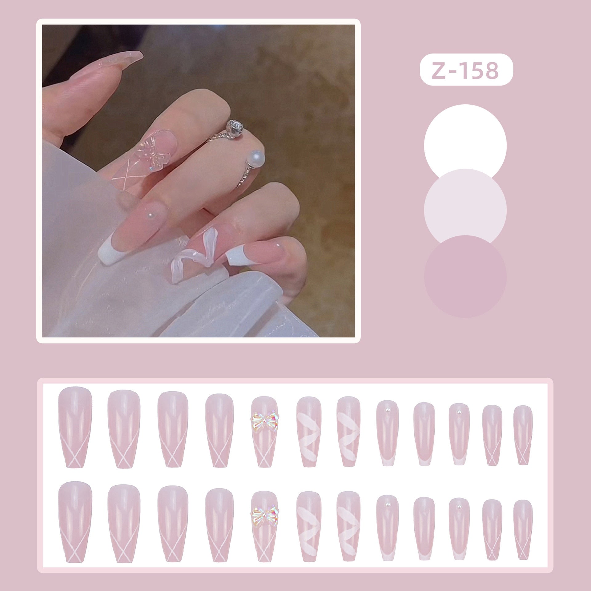 24pcs Glitter Gold Diamond False Nails French Butterfly Design Press on Nail Wearable Full Cover Acrylic Nail Tips for Girls N19