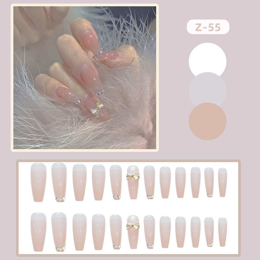24pcs Glitter Gold Diamond False Nails French Butterfly Design Press on Nail Wearable Full Cover Acrylic Nail Tips for Girls N17