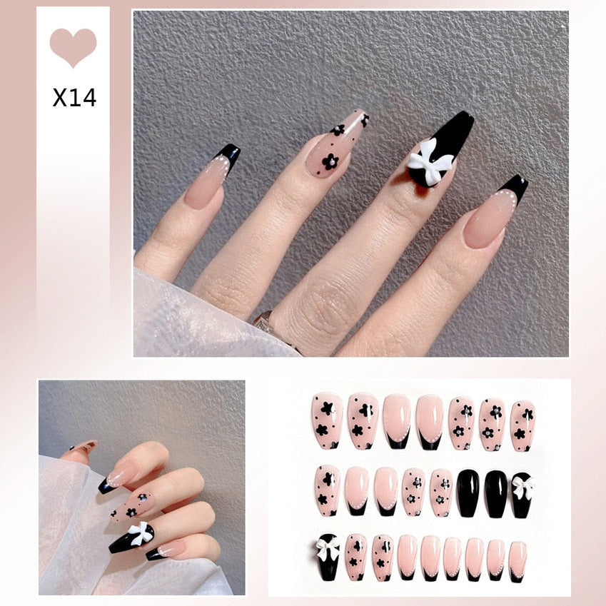24pcs Glitter Gold Diamond False Nails French Butterfly Design Press on Nail Wearable Full Cover Acrylic Nail Tips for Girls N24