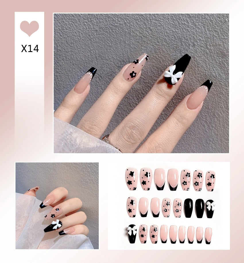 24pcs Glitter Gold Diamond False Nails French Butterfly Design Press on Nail Wearable Full Cover Acrylic Nail Tips for Girls N24