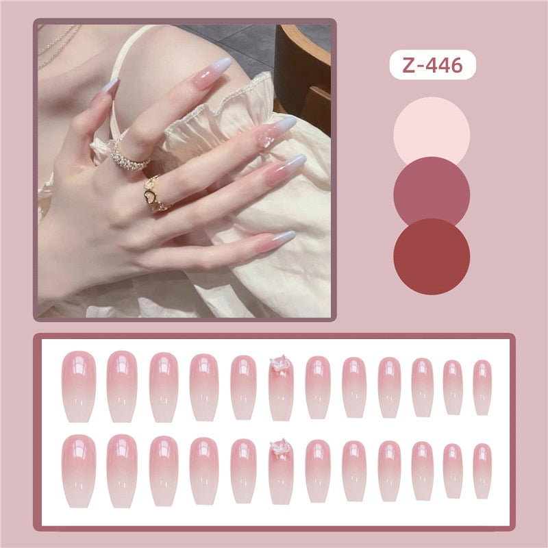 24pcs Glitter Gold Diamond False Nails French Butterfly Design Press on Nail Wearable Full Cover Acrylic Nail Tips for Girls N42