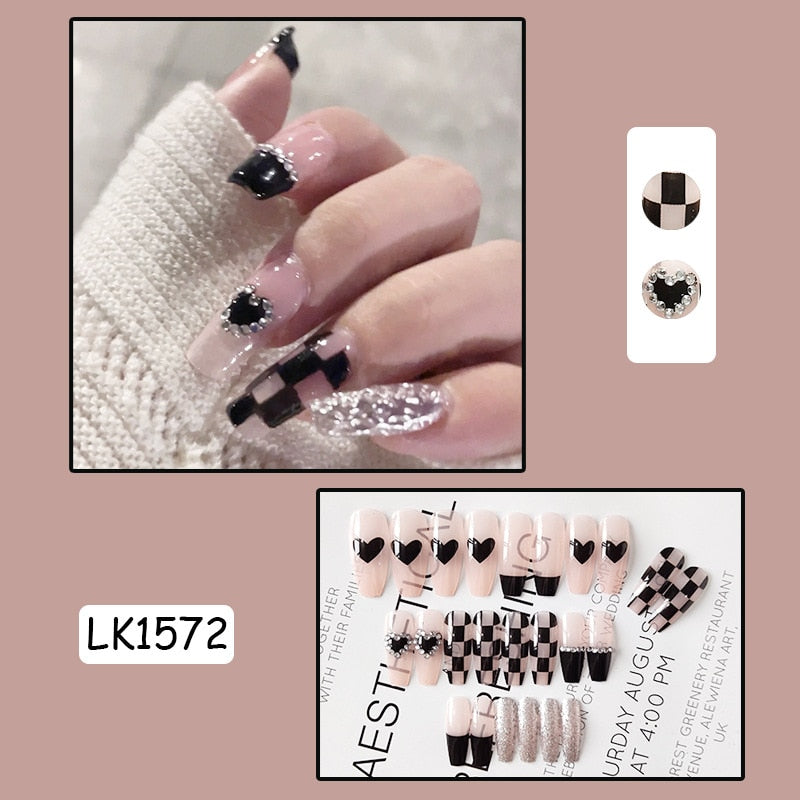 24pcs Glitter Gold Diamond False Nails French Butterfly Design Press on Nail Wearable Full Cover Acrylic Nail Tips for Girls N16