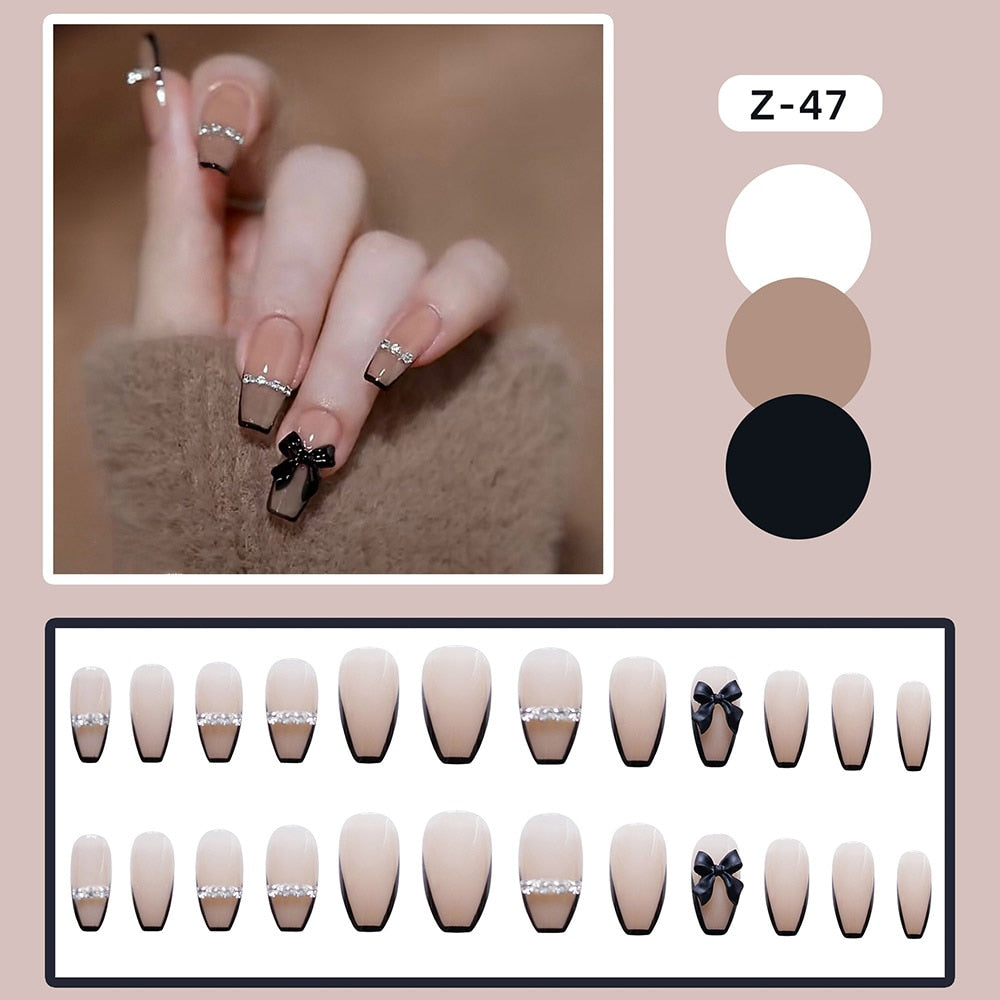24pcs Glitter Gold Diamond False Nails French Butterfly Design Press on Nail Wearable Full Cover Acrylic Nail Tips for Girls N8