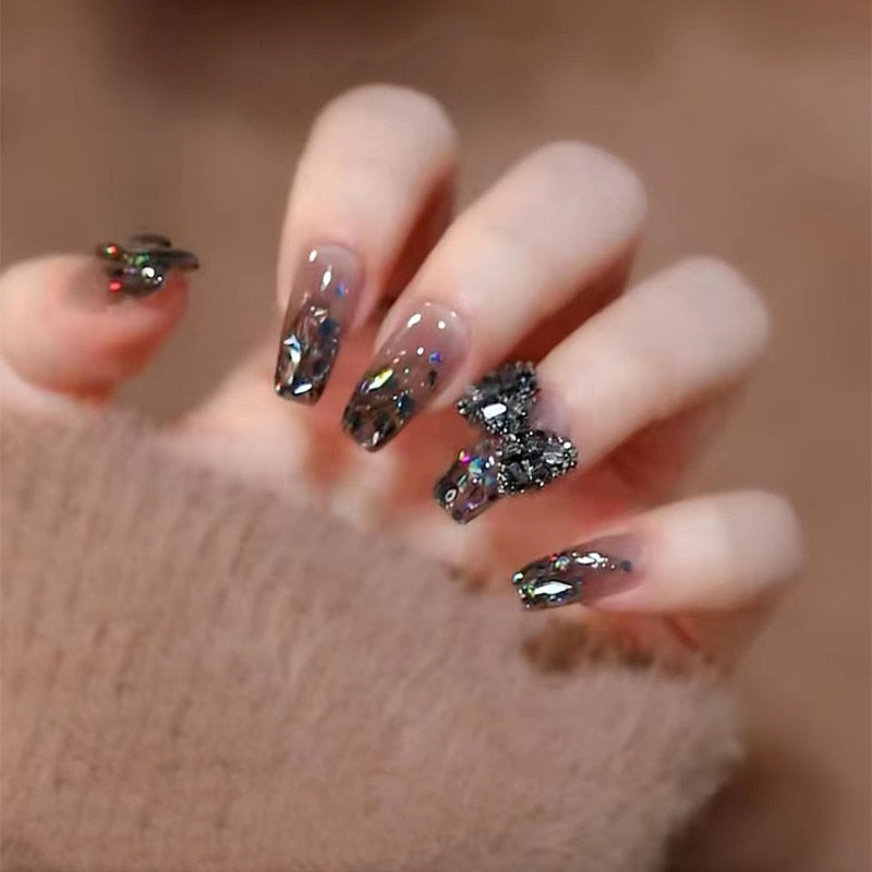 24pcs Glitter Gold Diamond False Nails French Butterfly Design Press on Nail Wearable Full Cover Acrylic Nail Tips for Girls N11
