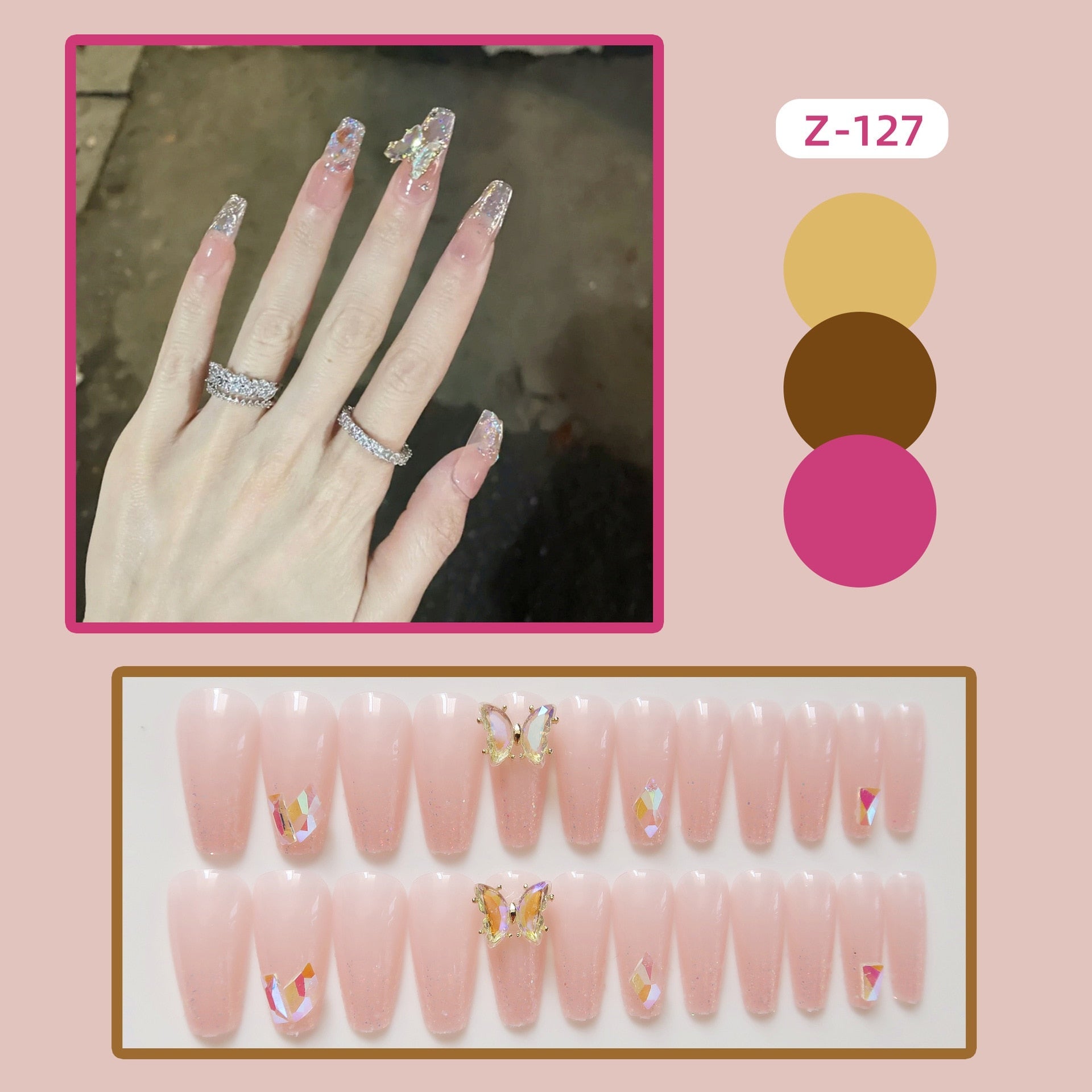 24pcs Glitter Gold Diamond False Nails French Butterfly Design Press on Nail Wearable Full Cover Acrylic Nail Tips for Girls N25