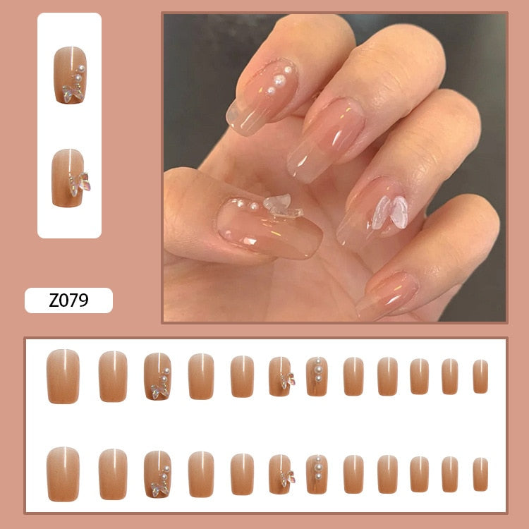 24pcs Glitter Gold Diamond False Nails French Butterfly Design Press on Nail Wearable Full Cover Acrylic Nail Tips for Girls N26