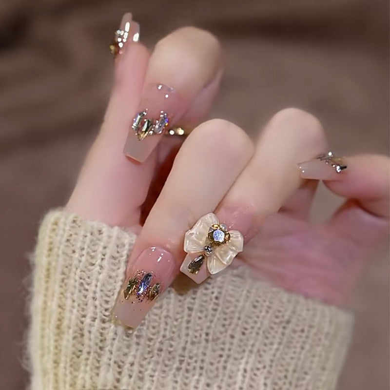 24pcs Glitter Gold Diamond False Nails French Butterfly Design Press on Nail Wearable Full Cover Acrylic Nail Tips for Girls