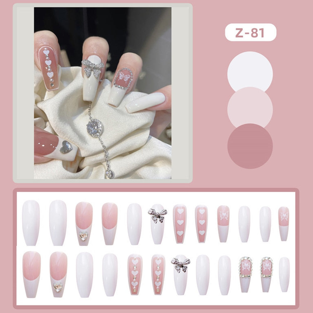24pcs Glitter Gold Diamond False Nails French Butterfly Design Press on Nail Wearable Full Cover Acrylic Nail Tips for Girls N21