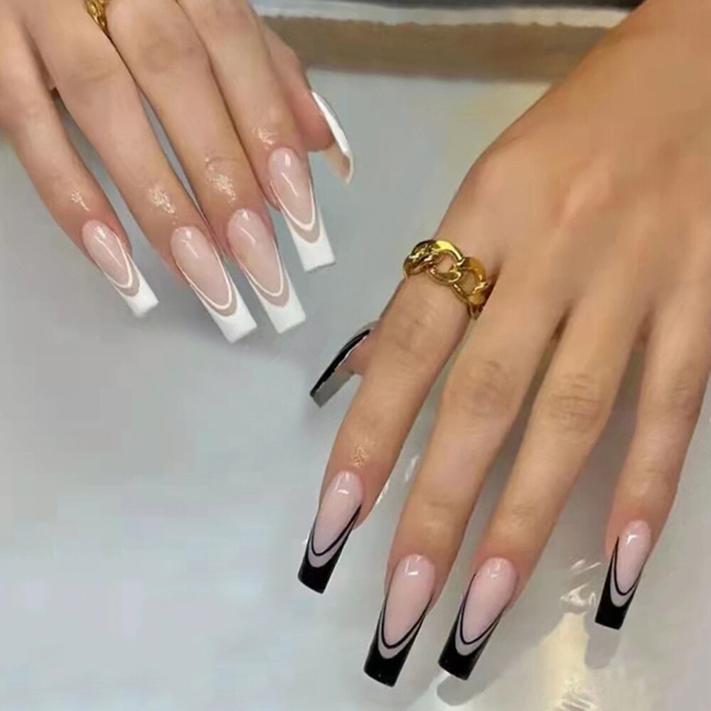 24pcs Gradient Ballet False Y2k Nails Press On Long Coffin French Nail Tips Full Cover Acrylic Fake Nails Stickers F9