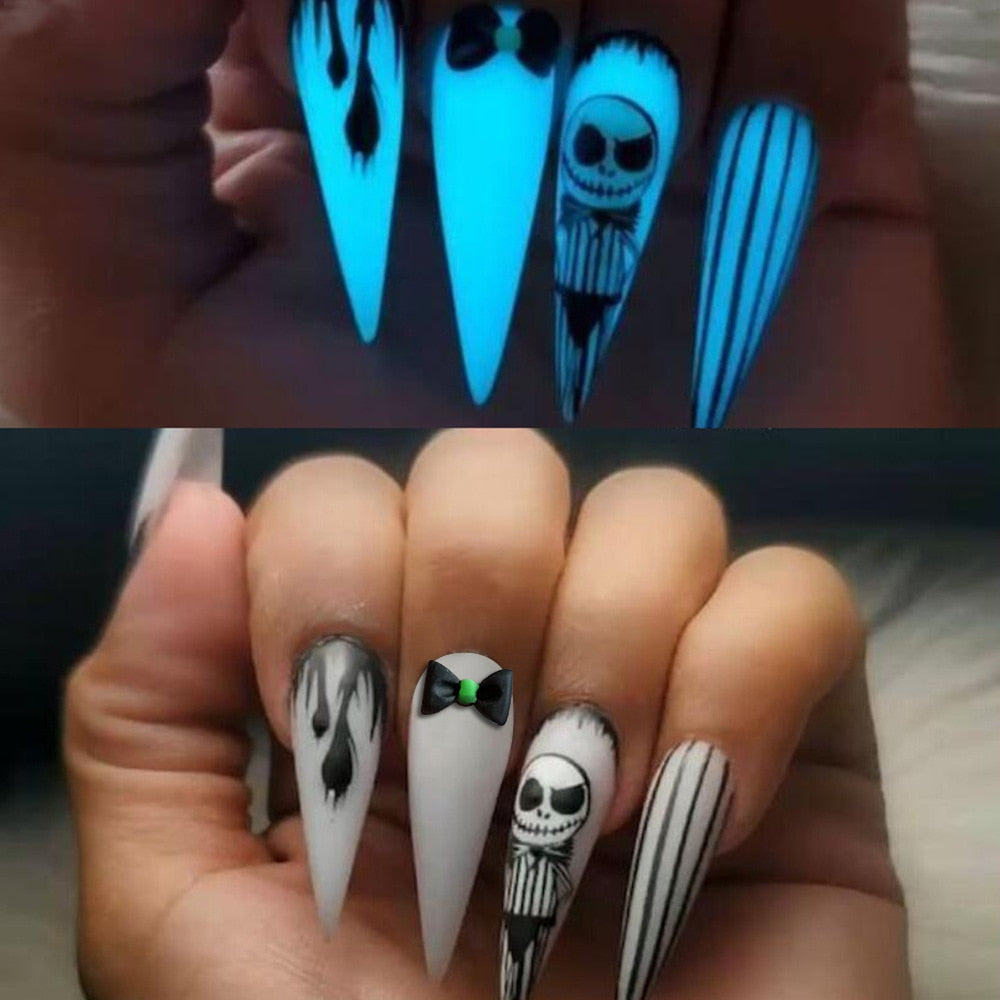 24pcs Halloween False Nails Glow in the Dark Ghost Spider Printed Press on Nail Halloween Manicure Supplies Wearable Fake Nails N7