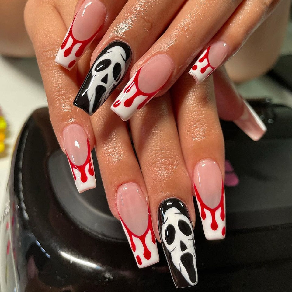 24pcs Halloween False Nails Glow in the Dark Ghost Spider Printed Press on Nail Halloween Manicure Supplies Wearable Fake Nails N4