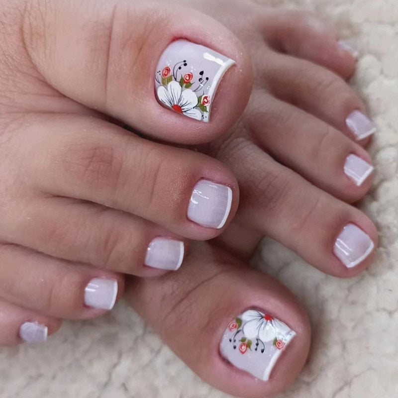 24pcs Ins Flowers Press On Toenails Full Cover French Style Summer Flower Design Beach Acrylic Toe Nail Patch For girls Women 17