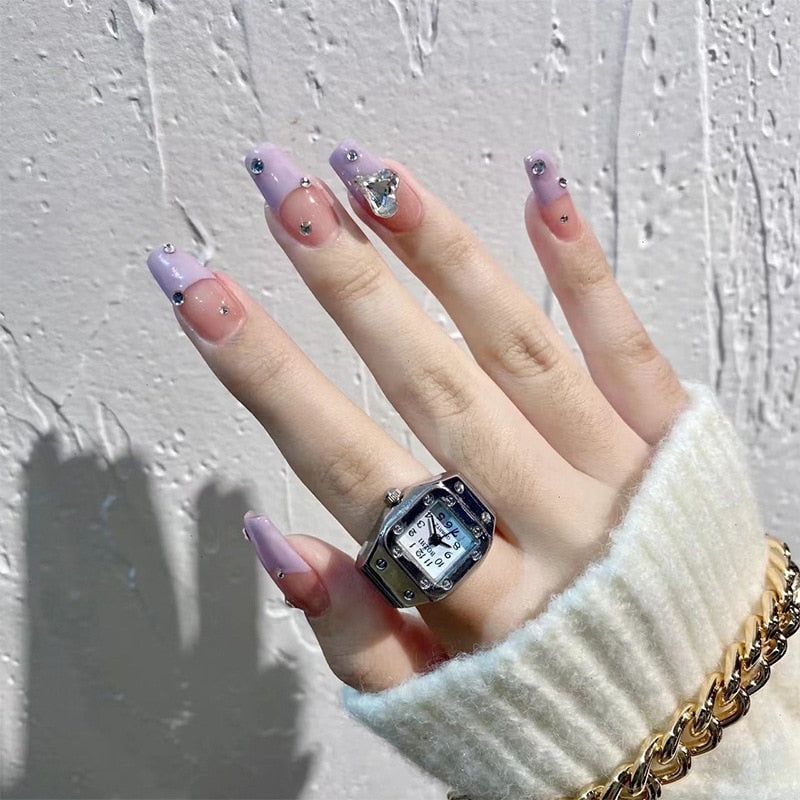 24pcs Kawaii Press on Nails y2k False Nails Set Rhinestone Acrylic Artificial Nails with Design Reusable french Long Fake Tips QX153