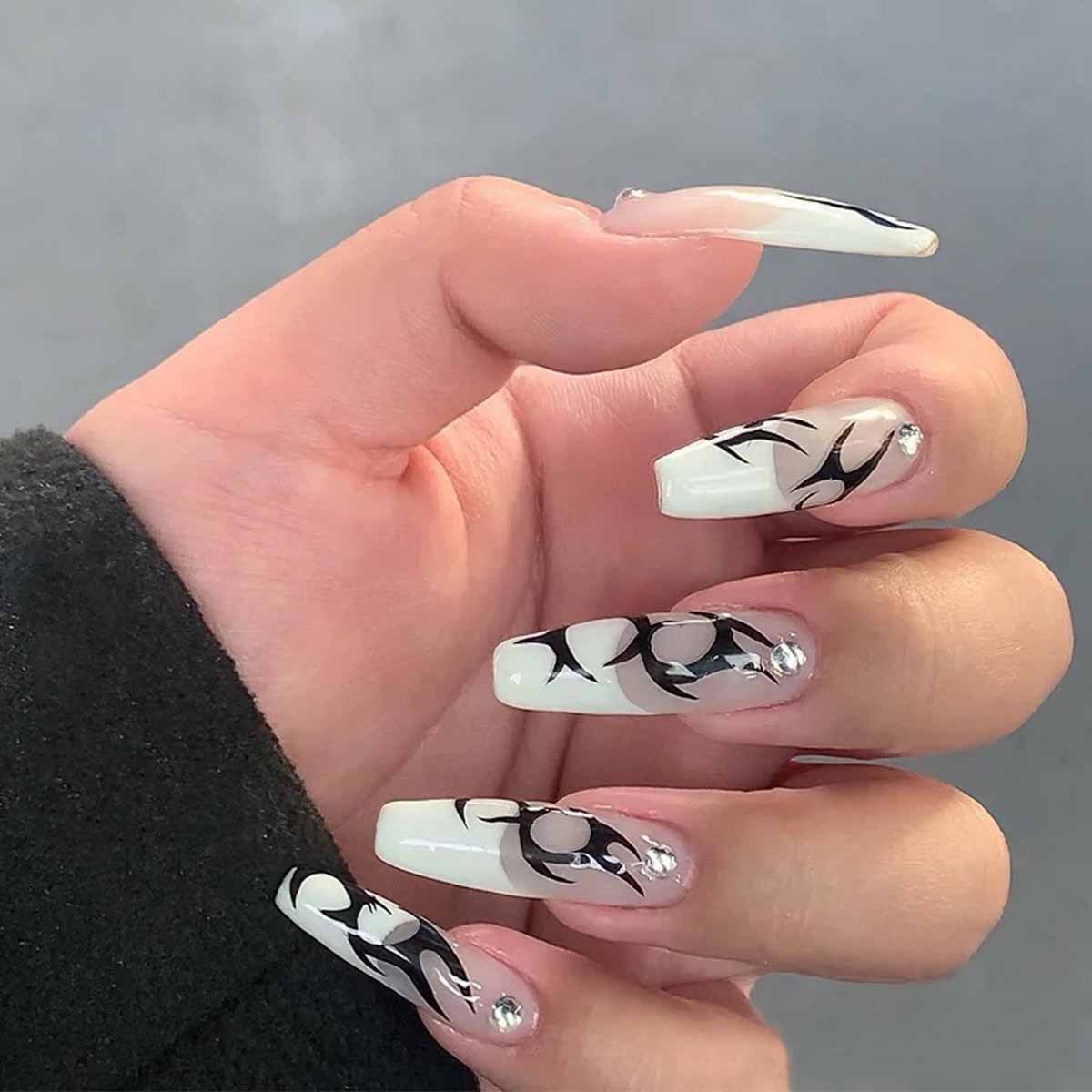 24pcs Kawaii Press on Nails y2k False Nails Set Rhinestone Acrylic Artificial Nails with Design Reusable french Long Fake Tips QX1210