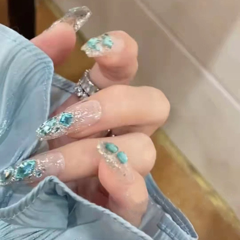 24pcs Kawaii Press on Nails y2k False Nails Set Rhinestone Acrylic Artificial Nails with Design Reusable french Long Fake Tips