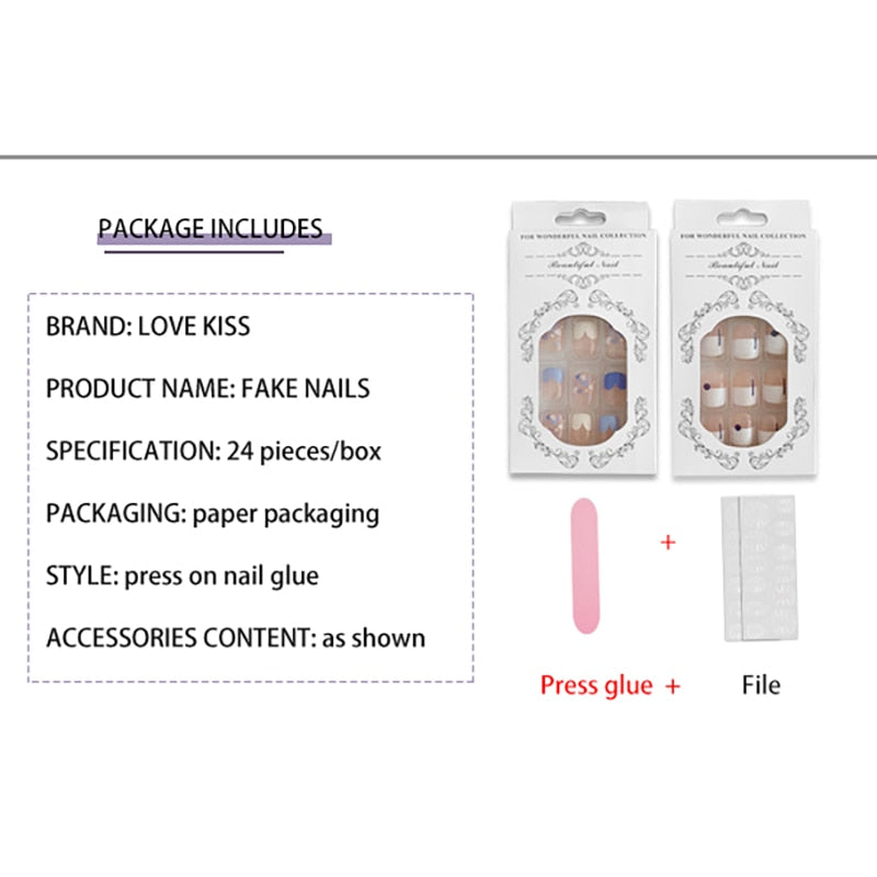 24pcs Kawaii Press on Nails y2k False Nails Set Rhinestone Acrylic Artificial Nails with Design Reusable french Long Fake Tips