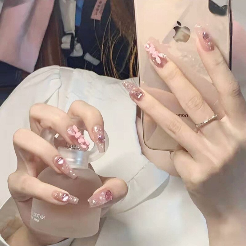 24pcs Kawaii Press on Nails y2k False Nails Set Rhinestone Acrylic Artificial Nails with Design Reusable french Long Fake Tips QX580