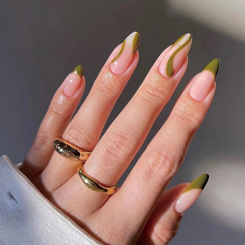 24pcs Light Green Stripe Gradient Wearing Fake Nails Seamless Removable Full Cover Long False Nails Press On Nails With Designs JP1790