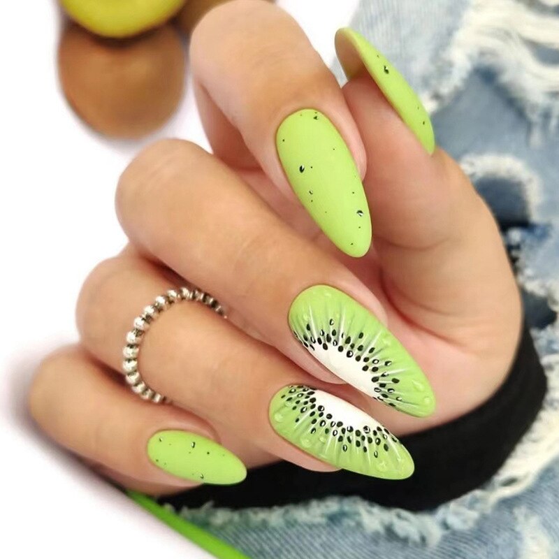 24pcs Light Green Stripe Gradient Wearing Fake Nails Seamless Removable Full Cover Long False Nails Press On Nails With Designs W239