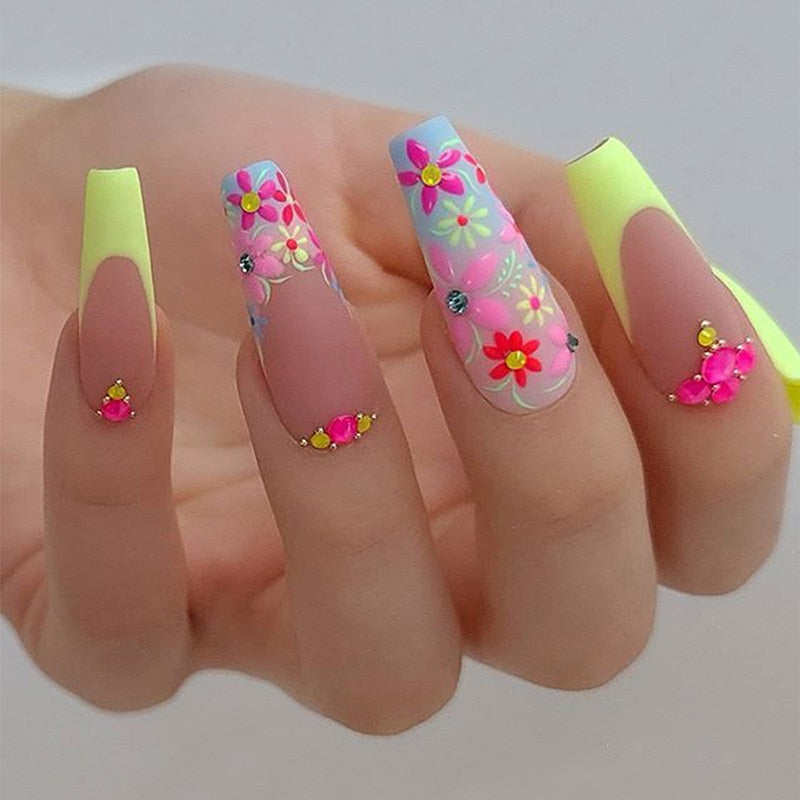 24pcs Long Ballerina False Nail Summer Rainbow Flower Glitter False Nails Wearable Nails Set Press On Nail Full Cover Nail Tips