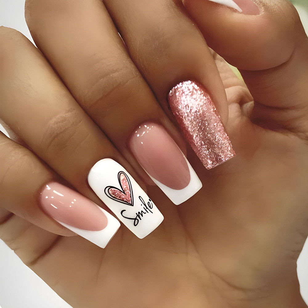 24pcs Long Ballerina French False Nails Love Heart Green Halo Dyed Gold Thread Fake Nail Press on Nails Full Cover Nail Tips B2
