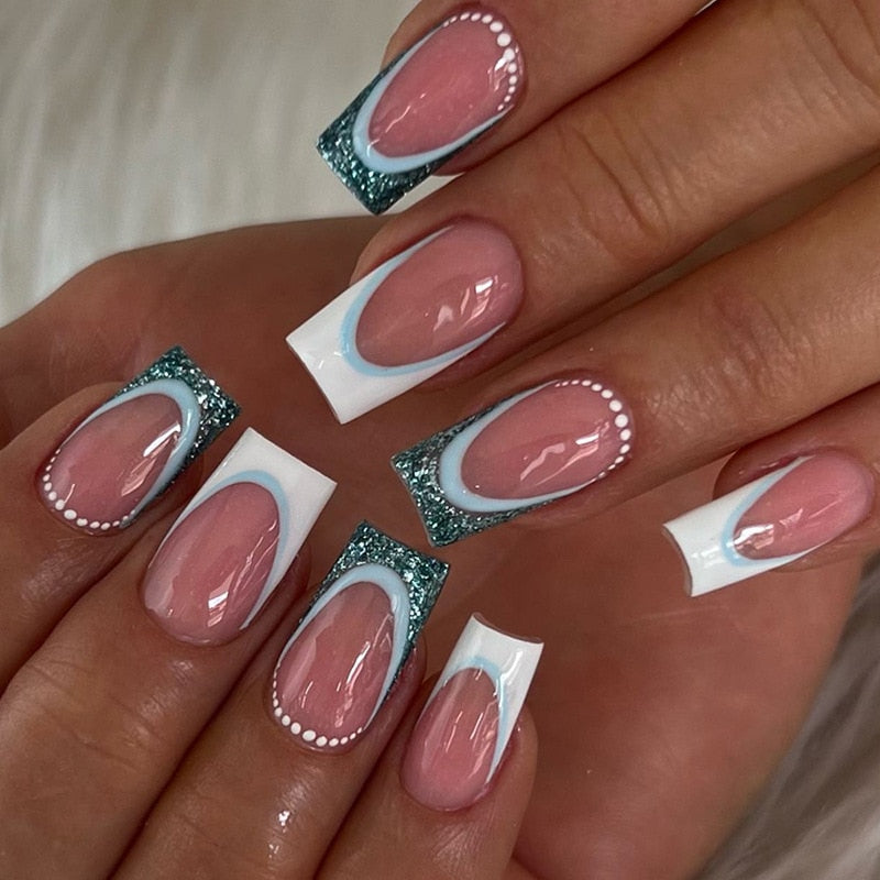 24pcs Long Ballerina French False Nails Love Heart Green Halo Dyed Gold Thread Fake Nail Press on Nails Full Cover Nail Tips D1