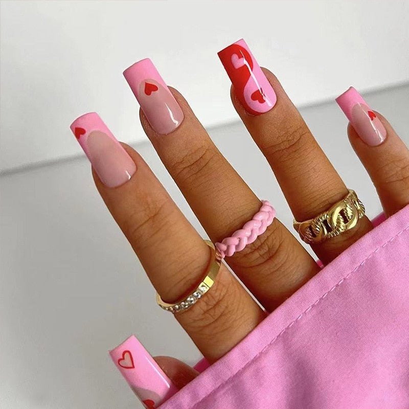 24pcs Long Ballerina French False Nails Love Heart Green Halo Dyed Gold Thread Fake Nail Press on Nails Full Cover Nail Tips A2