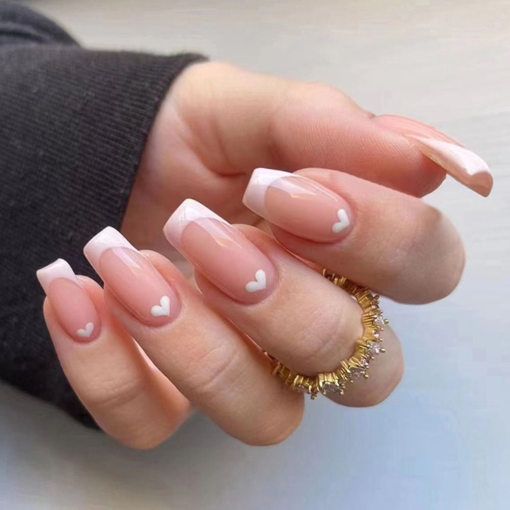 24pcs Long Ballerina French False Nails Love Heart Green Halo Dyed Gold Thread Fake Nail Press on Nails Full Cover Nail Tips B10