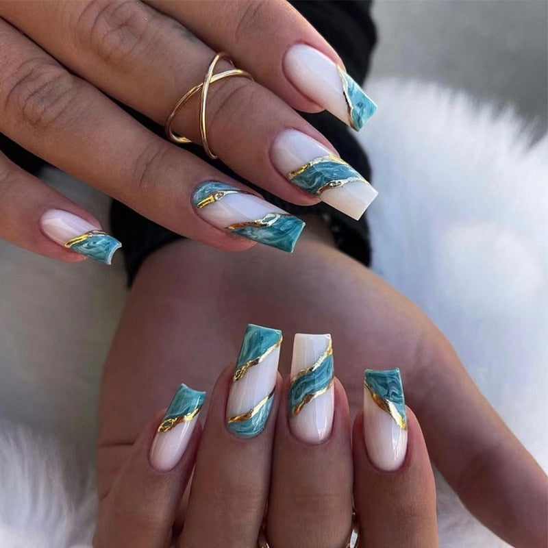 24pcs Long Ballerina French False Nails Love Heart Green Halo Dyed Gold Thread Fake Nail Press on Nails Full Cover Nail Tips A1