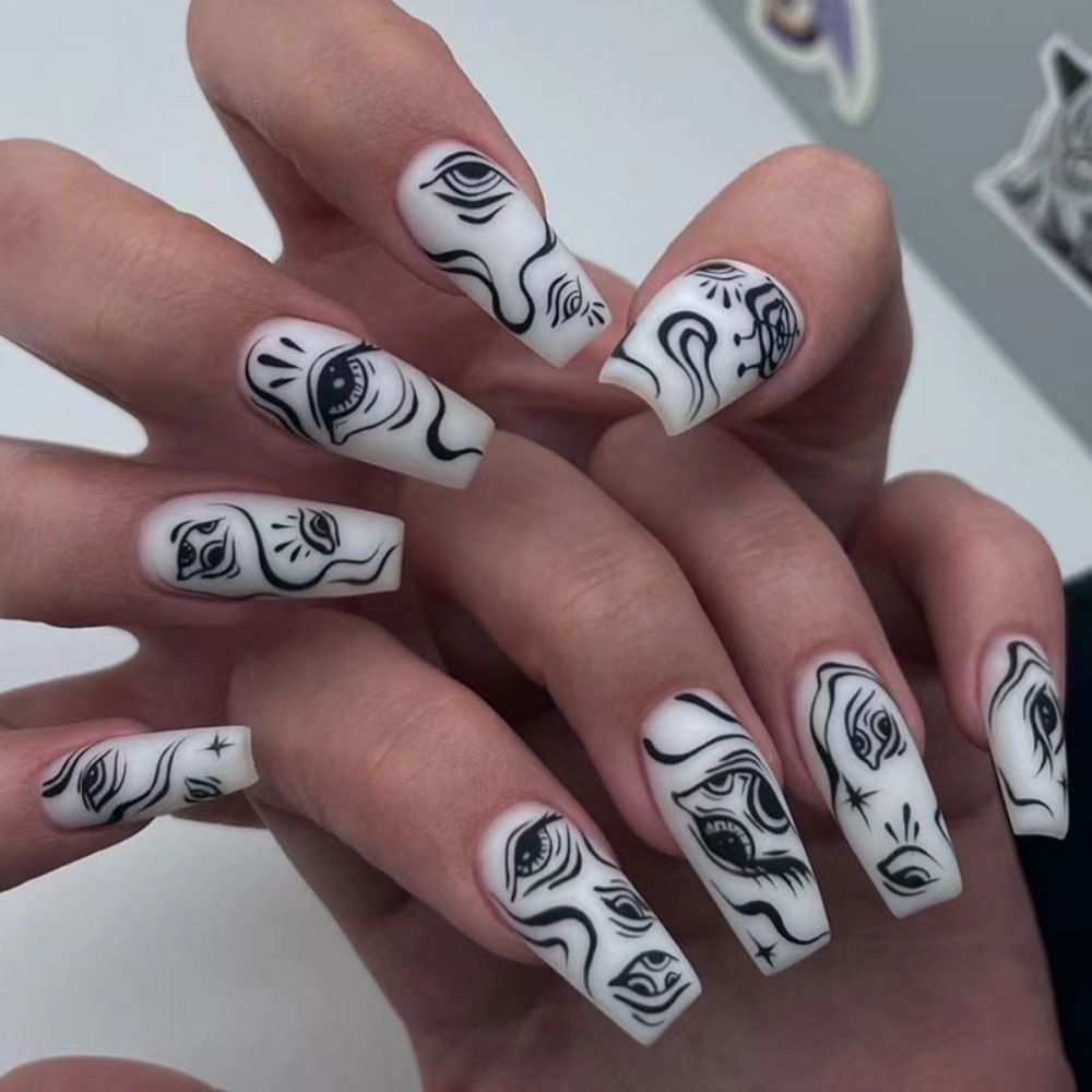 24pcs Long Ballerina Square Fake Nails French Black Line Eyes False Nails Full Cover Nail Tips Press On Nails DIY Manicure 1