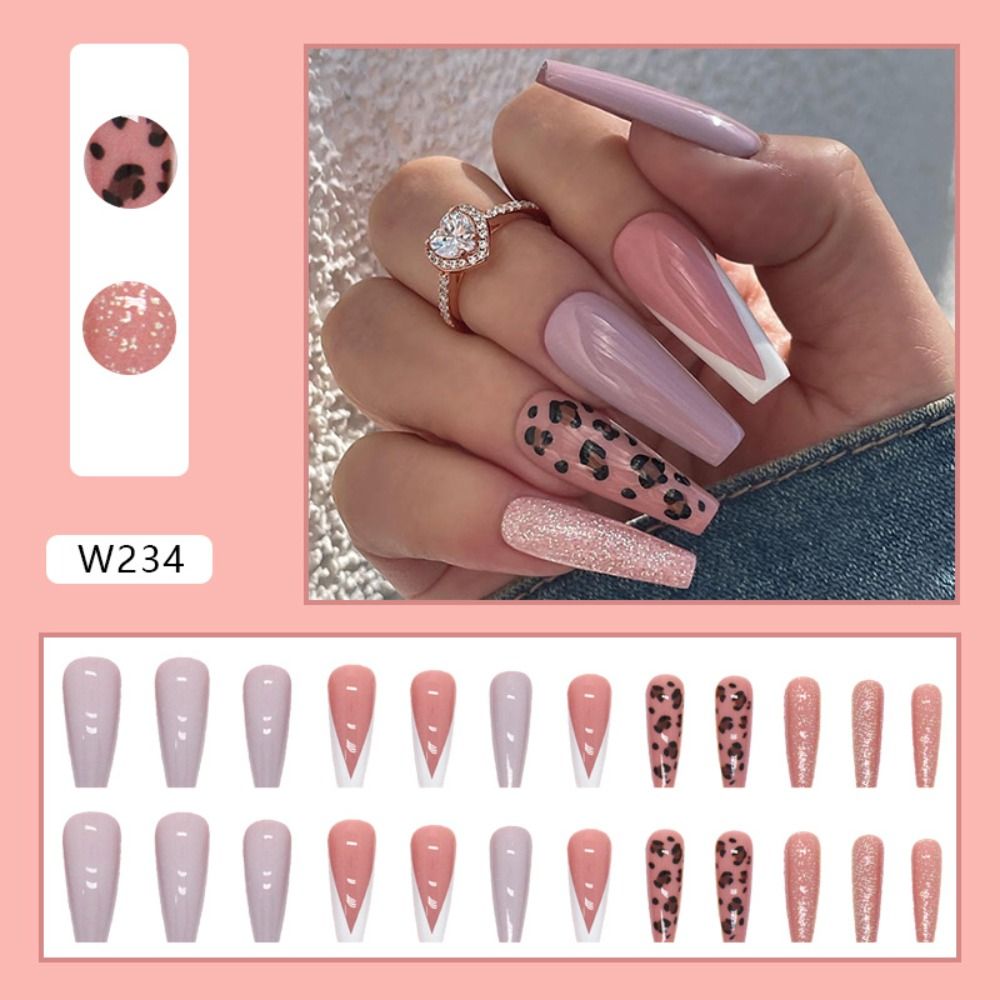 24pcs Long Ballet False Nail Full Cover Fake Nail Grey White Marble Design Nails Tip French Coffin Nails Press On Nails 6