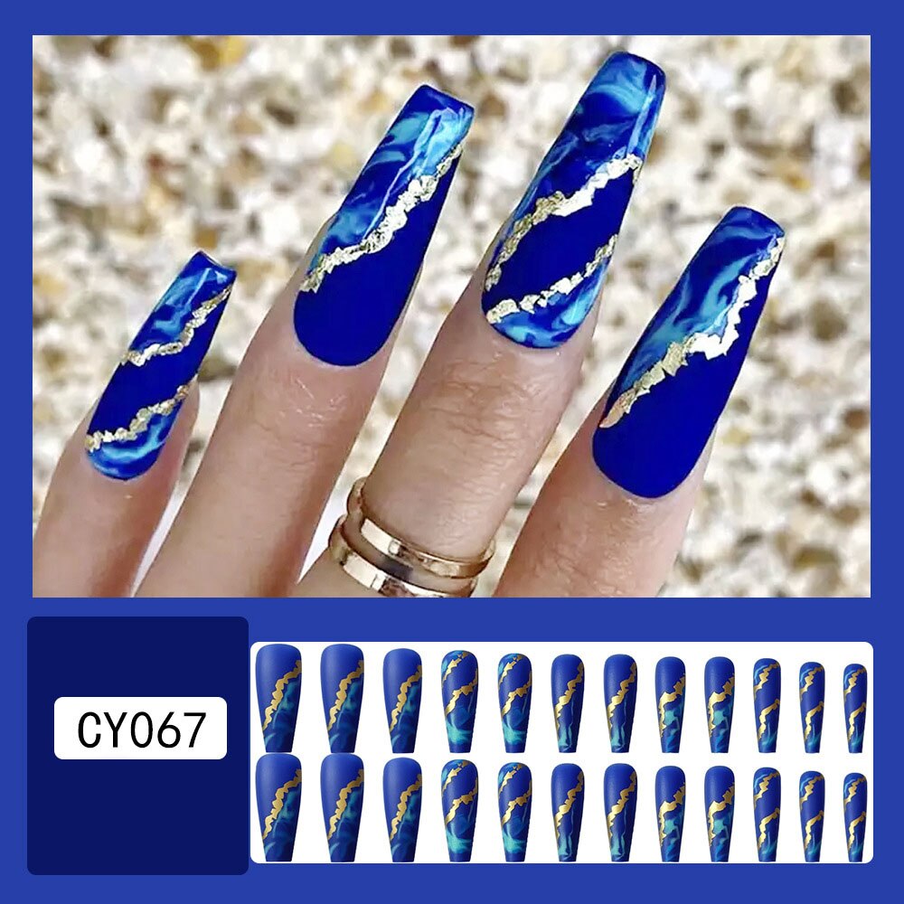 24pcs Long Ballet False Nail Full Cover Fake Nail Grey White Marble Design Nails Tip French Coffin Nails Press On Nails 4