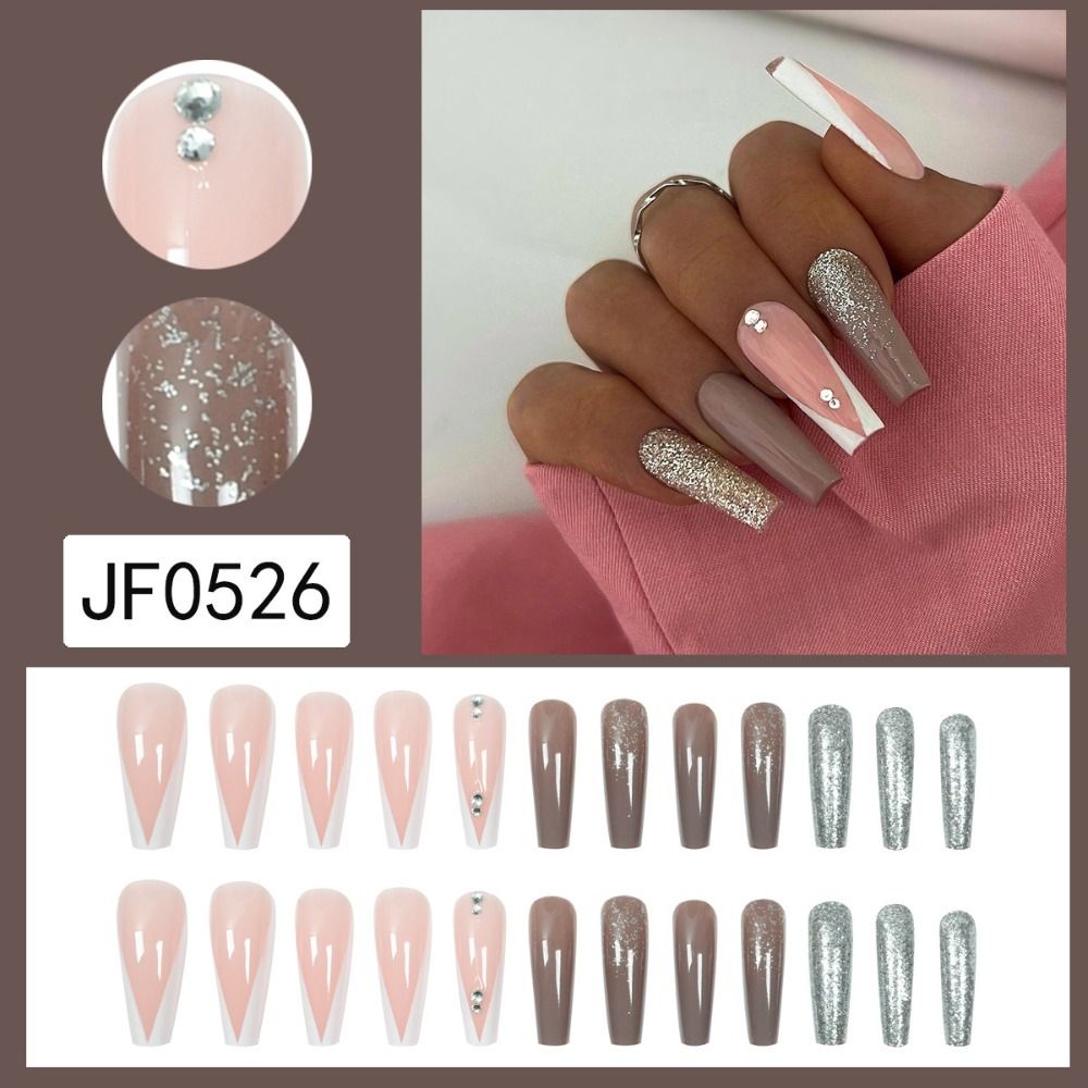 24pcs Long Ballet False Nail Full Cover Fake Nail Grey White Marble Design Nails Tip French Coffin Nails Press On Nails C3