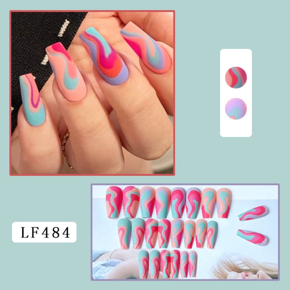 24pcs Long Ballet False Nail Full Cover Fake Nail Grey White Marble Design Nails Tip French Coffin Nails Press On Nails 7
