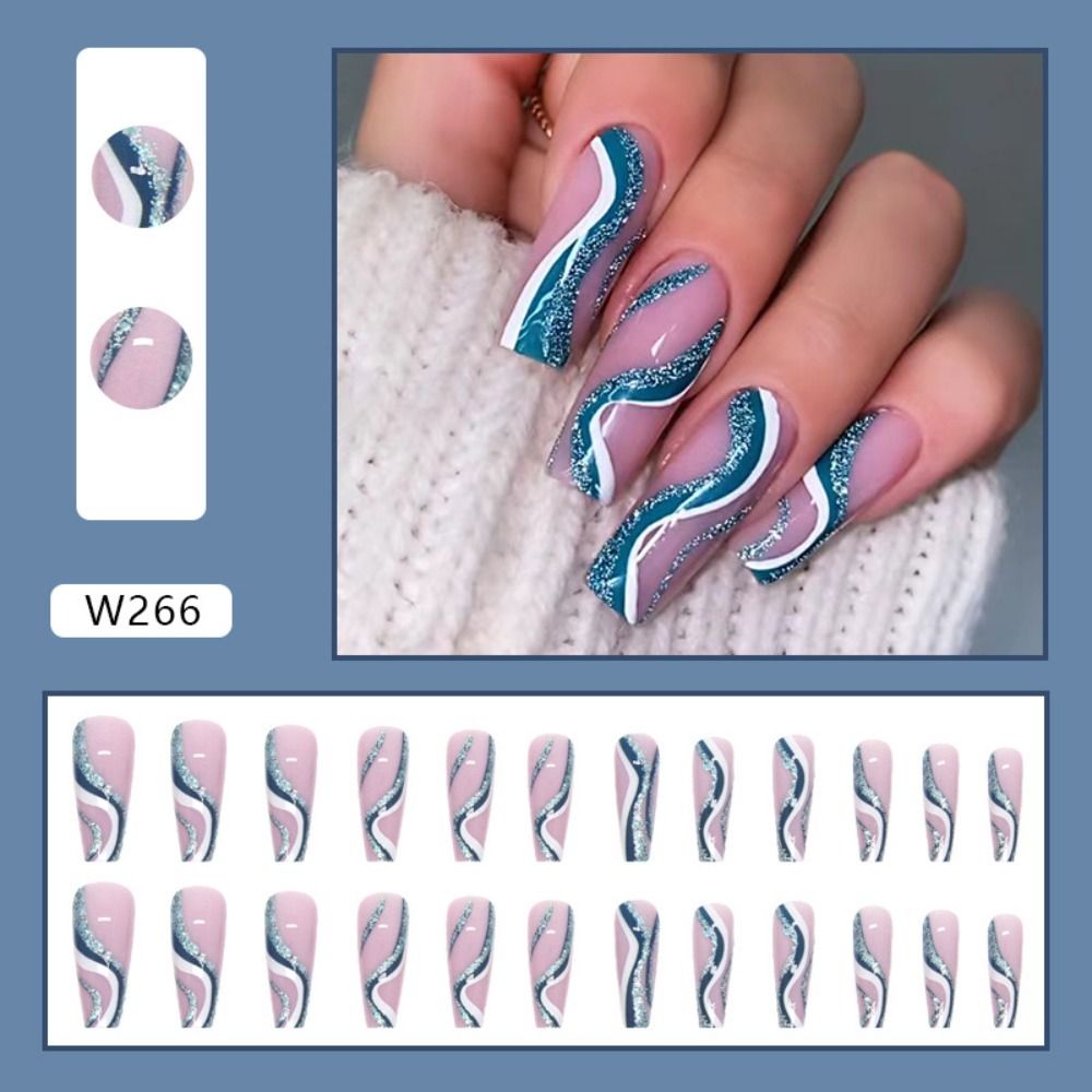 24pcs Long Ballet False Nail Full Cover Fake Nail Grey White Marble Design Nails Tip French Coffin Nails Press On Nails b2