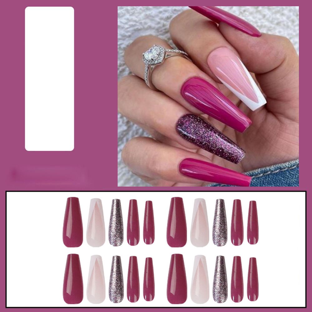 24pcs Long Ballet False Nail Full Cover Fake Nail Grey White Marble Design Nails Tip French Coffin Nails Press On Nails b6