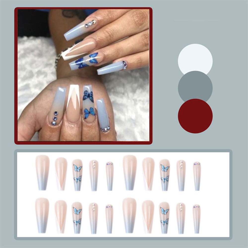 24pcs Matte Fake Nails Extra Long Ballerina Coffin Dark Blue Colorful Rhinestone Decals False Nails with designs Nail Art D1
