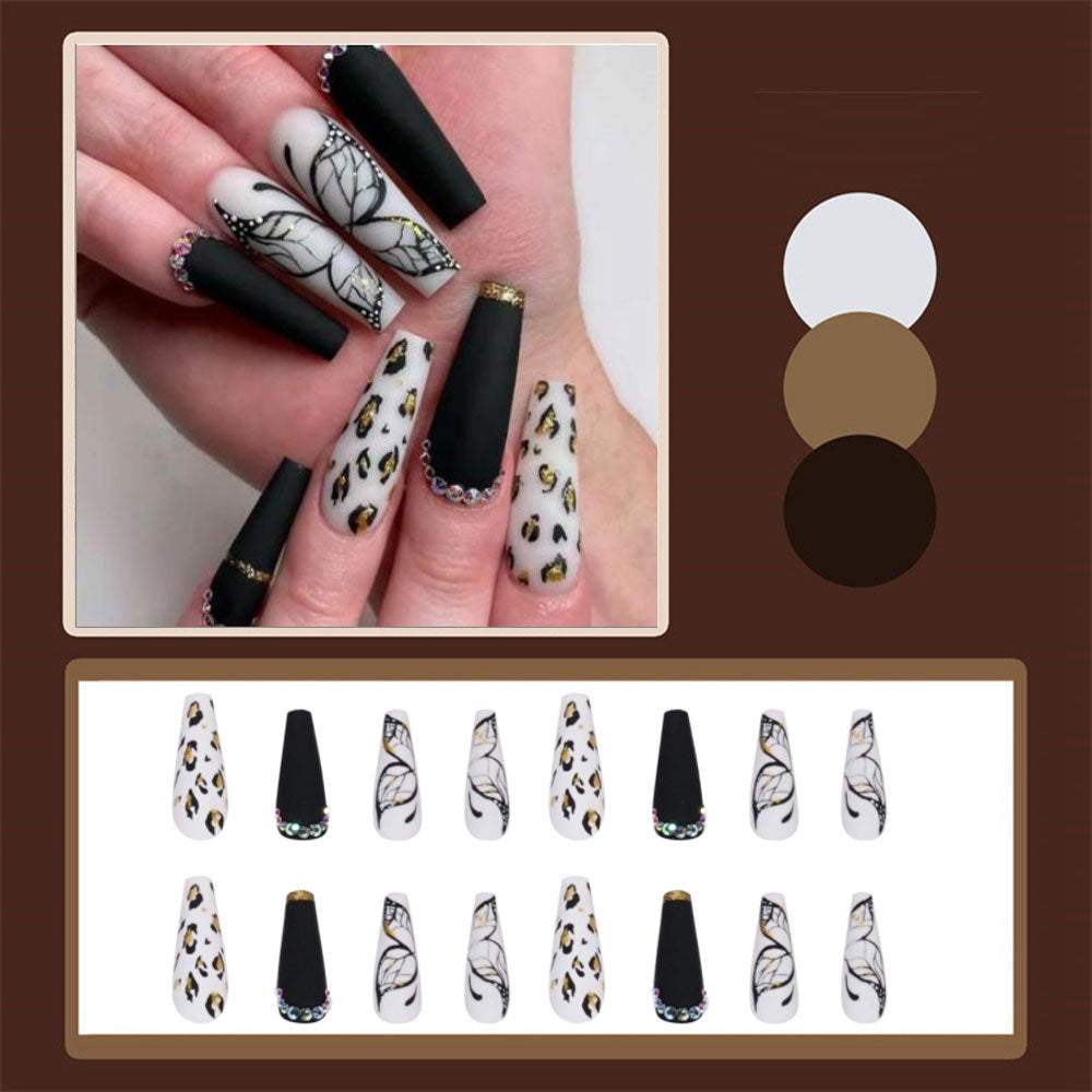 24pcs Matte Fake Nails Extra Long Ballerina Coffin Dark Blue Colorful Rhinestone Decals False Nails with designs Nail Art B17