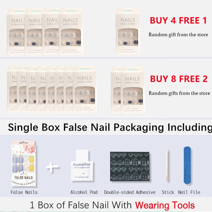 24pcs Nail Art Fake Nails with Glitter and Lines in Shape of Water Drop Square Press on False Nails With Glue and Wearing Tools