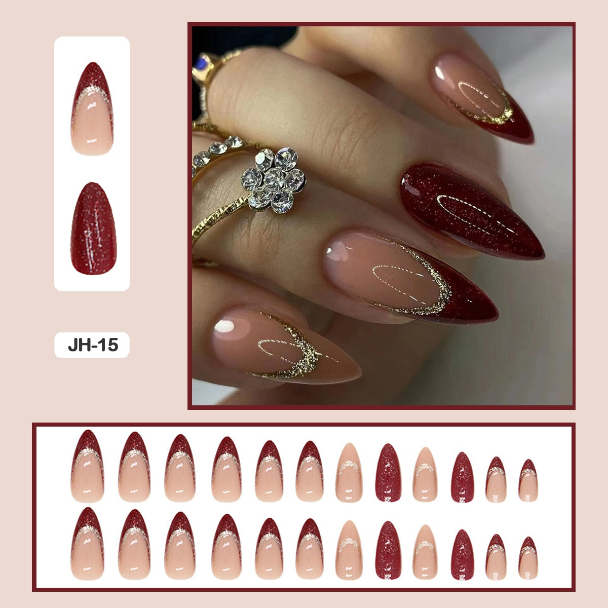 24pcs Nail Art Fake Nails with Glitter and Lines in Shape of Water Drop Square Press on False Nails With Glue and Wearing Tools JH-15